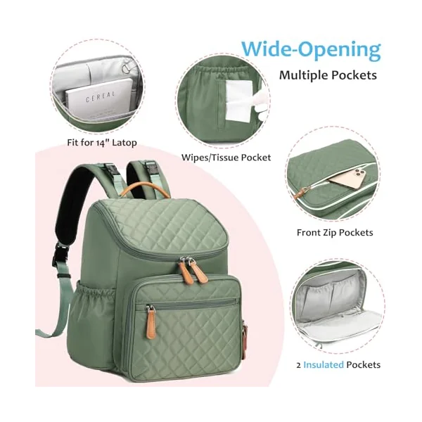 LORADI Lightweight Changing Bag Backpack, Green | Pram Clips, Insulated Pockets, Water-resistant, Easy to Clean, Durable