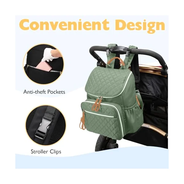 LORADI Lightweight Changing Bag Backpack, Green | Pram Clips, Insulated Pockets, Water-resistant, Easy to Clean, Durable