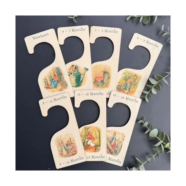 Luck and Luck Peter Rabbit Nursery Hangers x 7, Wooden Baby Clothes Dividers Colour Printed, New Born Gift, Baby Shower Keepsake, Wood Baby Keepsake
