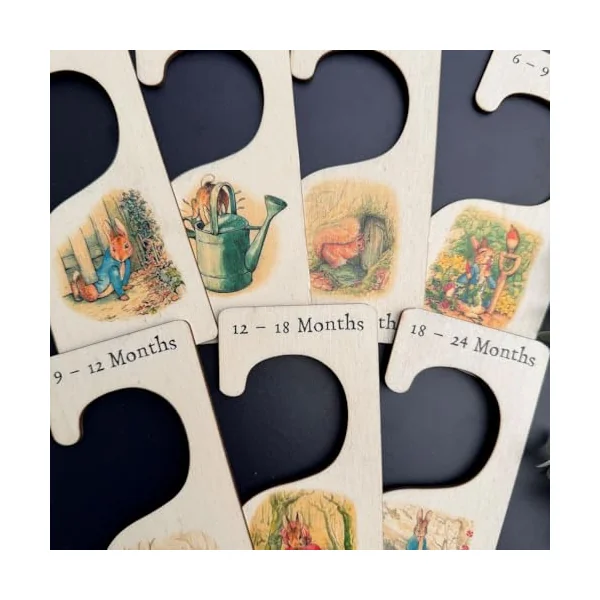 Luck and Luck Peter Rabbit Nursery Hangers x 7, Wooden Baby Clothes Dividers Colour Printed, New Born Gift, Baby Shower Keepsake, Wood Baby Keepsake