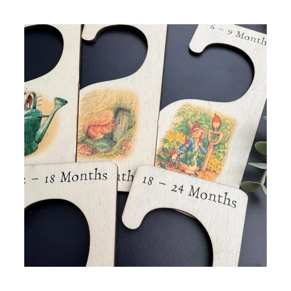 Luck and Luck Peter Rabbit Nursery Hangers x 7, Wooden Baby Clothes Dividers Colour Printed, New Born Gift, Baby Shower Keepsake, Wood Baby Keepsake