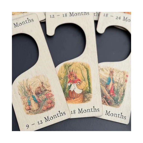 Luck and Luck Peter Rabbit Nursery Hangers x 7, Wooden Baby Clothes Dividers Colour Printed, New Born Gift, Baby Shower Keepsake, Wood Baby Keepsake