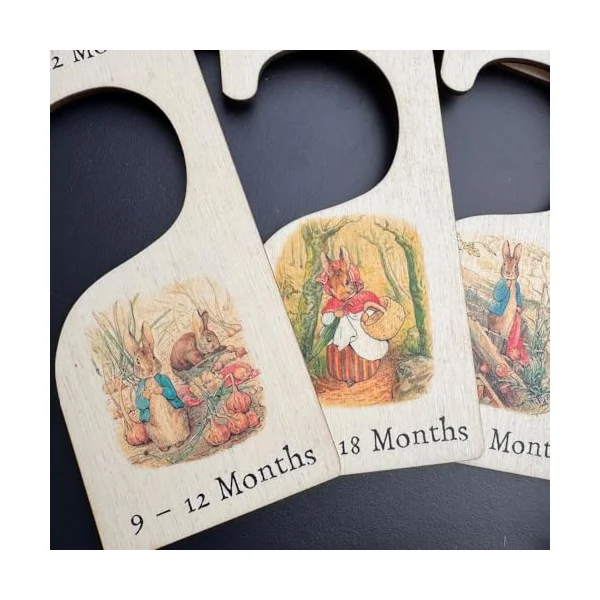 Luck and Luck Peter Rabbit Nursery Hangers x 7, Wooden Baby Clothes Dividers Colour Printed, New Born Gift, Baby Shower Keepsake, Wood Baby Keepsake