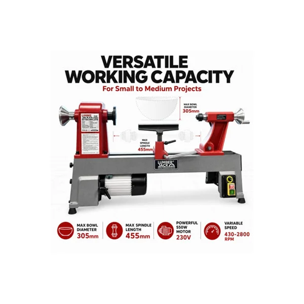 Lumberjack Mini Wood Lathe 550W Bench Lathe, 5-Speed 430-2800RPM Heavy Duty Cast Iron Bed MT2 Spindle