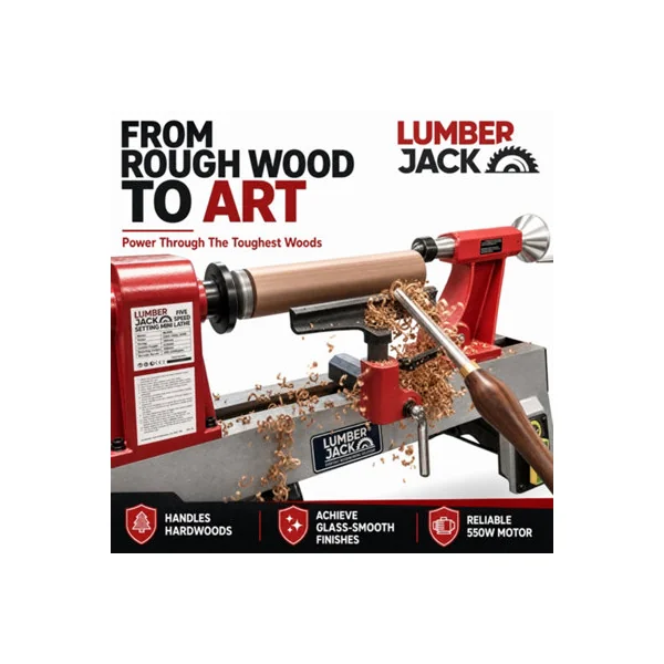 Lumberjack Mini Wood Lathe 550W Bench Lathe, 5-Speed 430-2800RPM Heavy Duty Cast Iron Bed MT2 Spindle