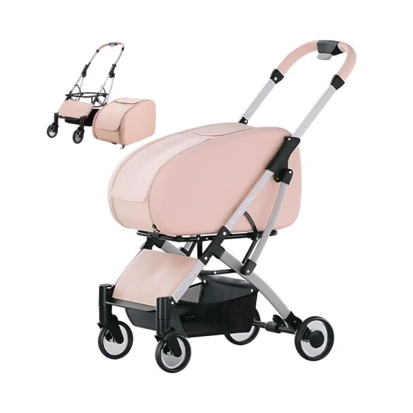 Luxury Dog Pram PU Leather Trim & Under-Seat Storage Basket, One-Step Double Brake, For Pet Gatherings and Shopping pink