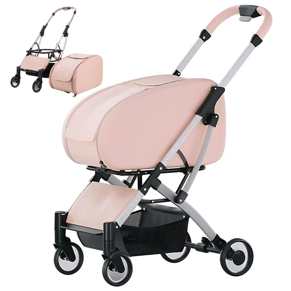 Luxury Dog Pram PU Leather Trim & Under-Seat Storage Basket, One-Step Double Brake, For Pet Gatherings and Shopping pink