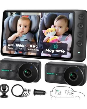 Magnetic Double Baby Car Camera for Two Kids with 5" 1080P IPS Monitor | Auto Night Vision | Magnetic Quick Setup | USB C Powered | Split/Zoom/Mirror Modes | Perfect for Rear-Facing Infant