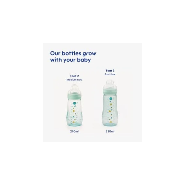 MAM Easy Active Bottles, 2X 270ml, Easy-Hold Ergonomic Shape, Purple | Baby Milk Bottle with MAM Medium Flow Teats Size 2, Baby Accessories, Baby Accessories (Designs Vary)