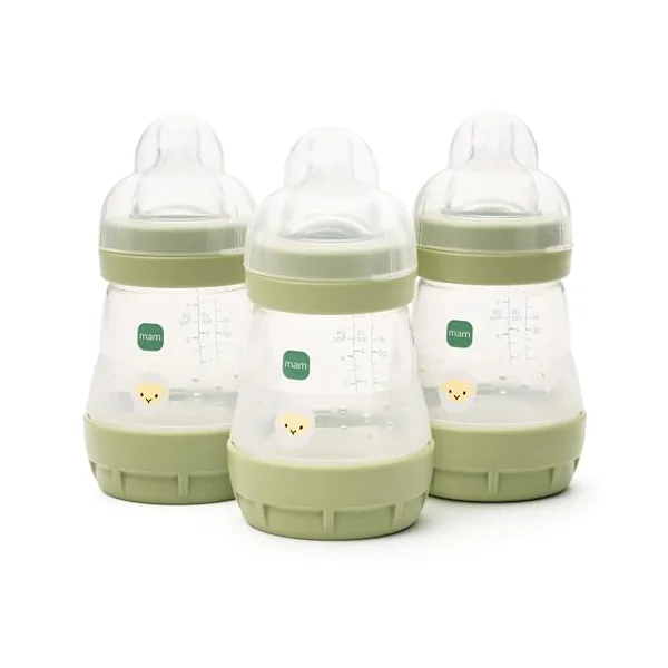 MAM Easy Start Anti-Colic Bottle, 3 x160ml, Self-Sterilising, Beige | Baby Milk Bottle with Slow Flow MAM Teats Size 1, Newborn Essentials, Designs Vary