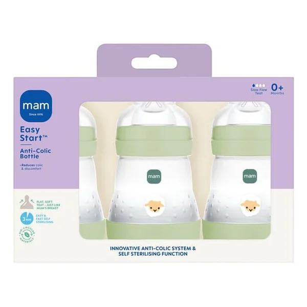 MAM Easy Start Anti-Colic Bottle, 3 x160ml, Self-Sterilising, Beige | Baby Milk Bottle with Slow Flow MAM Teats Size 1, Newborn Essentials, Designs Vary