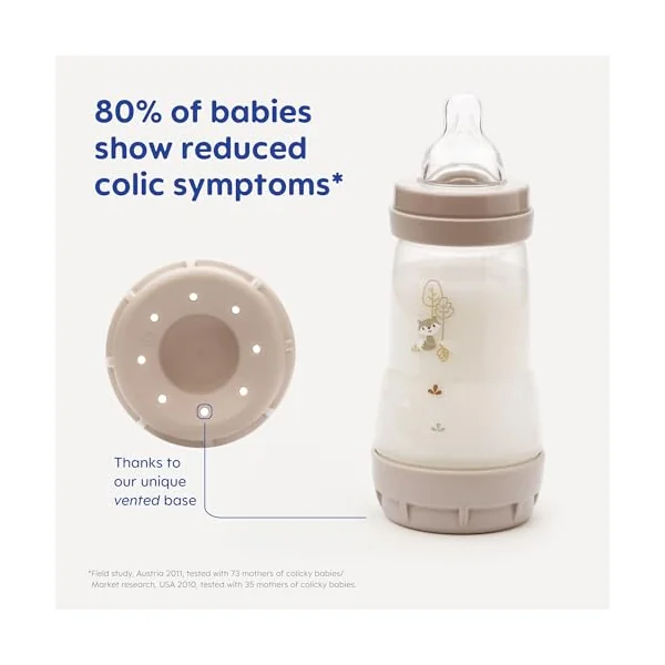 MAM Easy Start Anti-Colic Bottle, 3 x160ml, Self-Sterilising, Beige | Baby Milk Bottle with Slow Flow MAM Teats Size 1, Newborn Essentials, Designs Vary