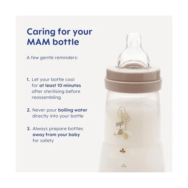 MAM Easy Start Anti-Colic Bottle, 3 x160ml, Self-Sterilising, Beige | Baby Milk Bottle with Slow Flow MAM Teats Size 1, Newborn Essentials, Designs Vary