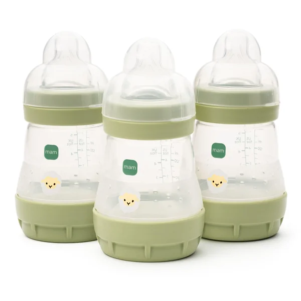 MAM Easy Start Anti-Colic Bottle, 3 x160ml, Self-Sterilising, Beige | Baby Milk Bottle with Slow Flow MAM Teats Size 1, Newborn Essentials, Designs Vary