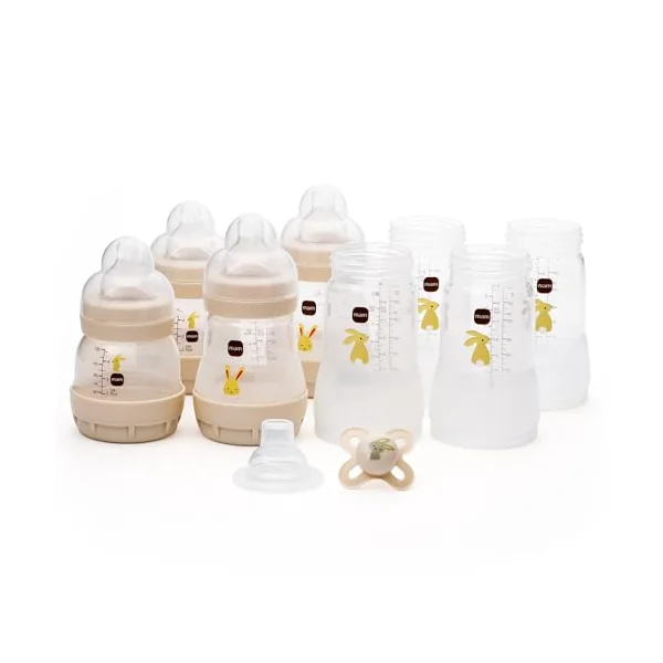 MAM Easy Start Anti-Colic Bottle Starter Set | Includes 4X Feeding Bottles and MAM Original Start 0-2 Month Soother | Self-Sterilising | Baby Gift Set of Newborn Essentials | White (Various Designs)