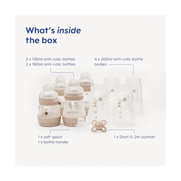 MAM Easy Start Anti-Colic Bottle Starter Set | Includes 4X Feeding Bottles and MAM Original Start 0-2 Month Soother | Self-Sterilising | Baby Gift Set of Newborn Essentials | White (Various Designs)