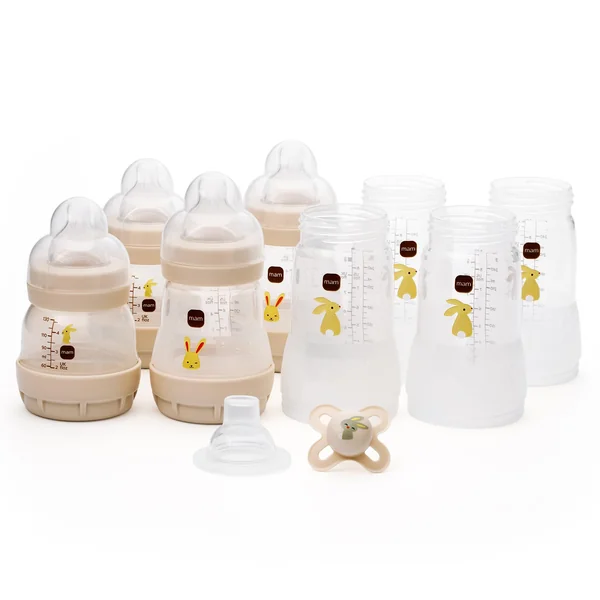 MAM Easy Start Anti-Colic Bottle Starter Set | Includes 4X Feeding Bottles and MAM Original Start 0-2 Month Soother | Self-Sterilising | Baby Gift Set of Newborn Essentials | White (Various Designs)