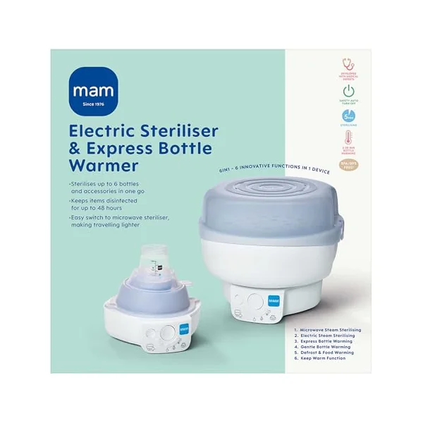 MAM Electric Steriliser and Bottle Warmer | 6 Functions, Comes with 1x 160ml MAM Easy Start Anti-Colic Bottle and 1x MAM Soother 0-2 Months (Various Designs)