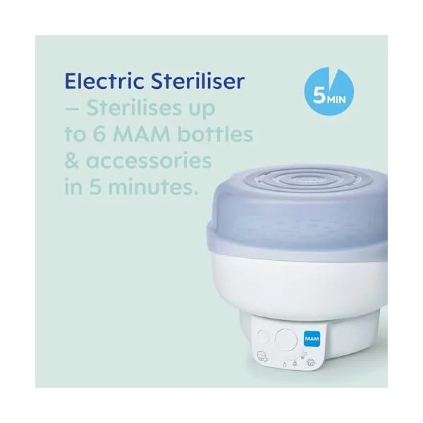 MAM Electric Steriliser and Bottle Warmer | 6 Functions, Comes with 1x 160ml MAM Easy Start Anti-Colic Bottle and 1x MAM Soother 0-2 Months (Various Designs)