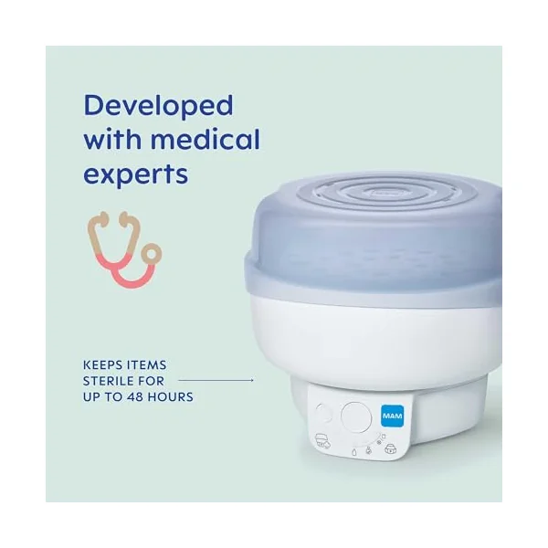 MAM Electric Steriliser and Bottle Warmer | 6 Functions, Comes with 1x 160ml MAM Easy Start Anti-Colic Bottle and 1x MAM Soother 0-2 Months (Various Designs)