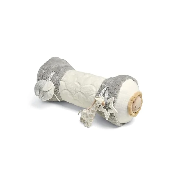 Mamas & Papas Tummy Time Roll, Interactive Soft Baby Pillow with Integrated Rattle, Welcome to The World, Grey