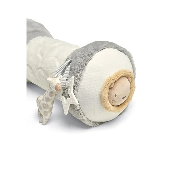 Mamas & Papas Tummy Time Roll, Interactive Soft Baby Pillow with Integrated Rattle, Welcome to The World, Grey