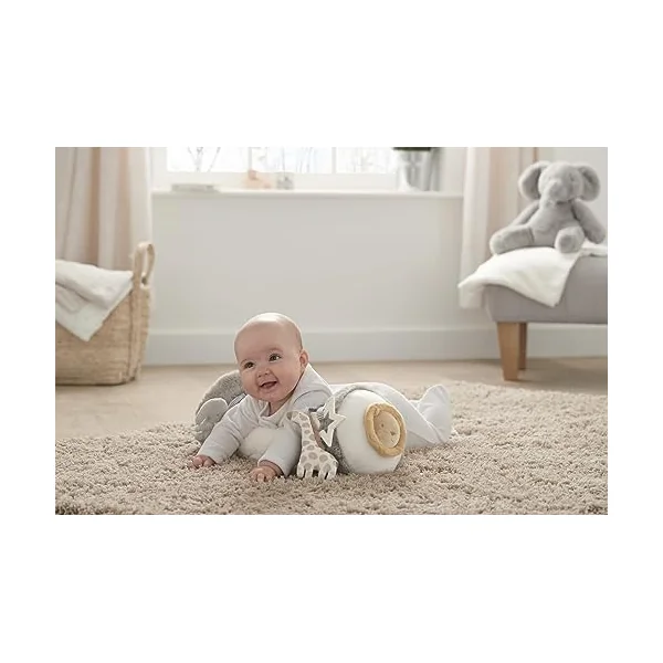 Mamas & Papas Tummy Time Roll, Interactive Soft Baby Pillow with Integrated Rattle, Welcome to The World, Grey