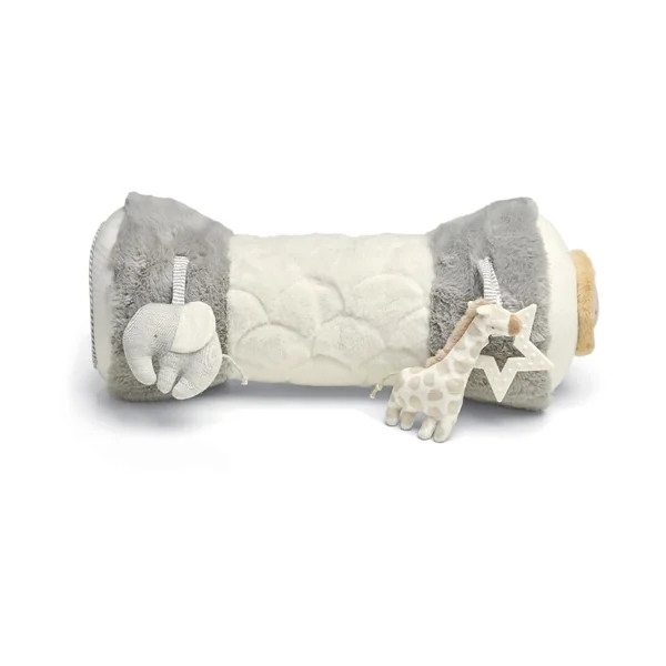 Mamas & Papas Tummy Time Roll, Interactive Soft Baby Pillow with Integrated Rattle, Welcome to The World, Grey