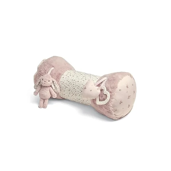 Mamas & Papas Tummy Time Roll, Interactive Soft Baby Pillow with Integrated Rattle, Welcome to The World, Pink