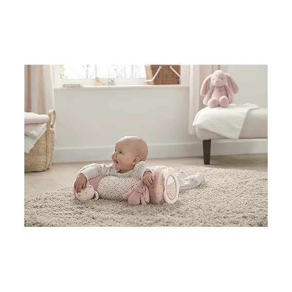 Mamas & Papas Tummy Time Roll, Interactive Soft Baby Pillow with Integrated Rattle, Welcome to The World, Pink
