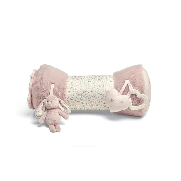 Mamas & Papas Tummy Time Roll, Interactive Soft Baby Pillow with Integrated Rattle, Welcome to The World, Pink