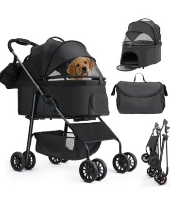 MAMIZO 3-in-1 Pet Stroller Dog Pram for Small Medium Dogs Cats up to 20kg, Foldable Pushchair with Detachable Carrier, 360° Swivel Wheels, Shoulder Bag, Large Storage Basket, One-Hand Fold, Black