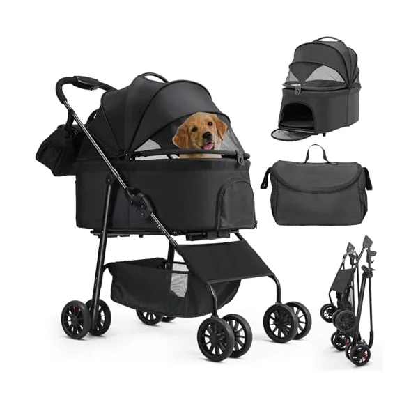 MAMIZO 3-in-1 Pet Stroller Dog Pram for Small Medium Dogs Cats up to 20kg, Foldable Pushchair with Detachable Carrier, 360° Swivel Wheels, Shoulder Bag, Large Storage Basket, One-Hand Fold, Black