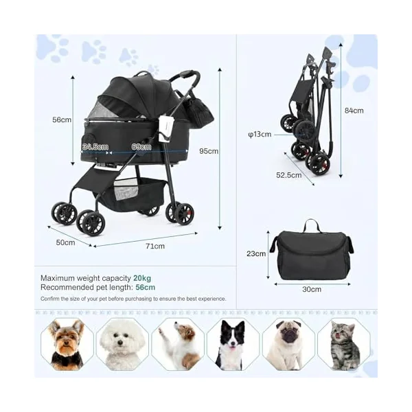 MAMIZO 3-in-1 Pet Stroller Dog Pram for Small Medium Dogs Cats up to 20kg, Foldable Pushchair with Detachable Carrier, 360° Swivel Wheels, Shoulder Bag, Large Storage Basket, One-Hand Fold, Black