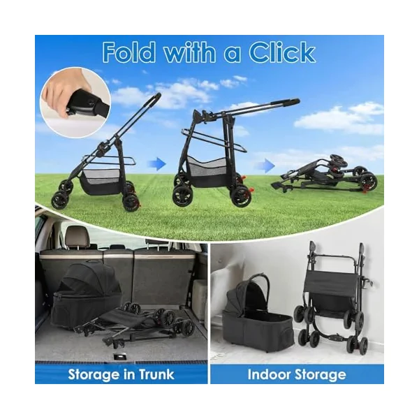 MAMIZO 3-in-1 Pet Stroller Dog Pram for Small Medium Dogs Cats up to 20kg, Foldable Pushchair with Detachable Carrier, 360° Swivel Wheels, Shoulder Bag, Large Storage Basket, One-Hand Fold, Black