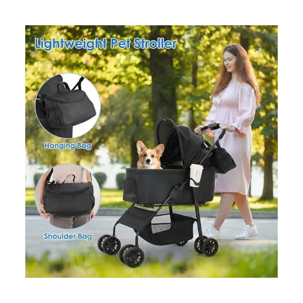 MAMIZO 3-in-1 Pet Stroller Dog Pram for Small Medium Dogs Cats up to 20kg, Foldable Pushchair with Detachable Carrier, 360° Swivel Wheels, Shoulder Bag, Large Storage Basket, One-Hand Fold, Black