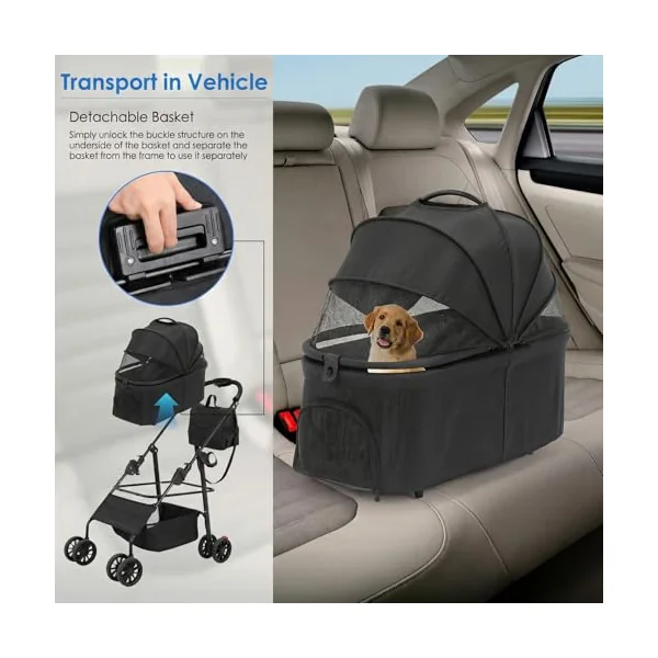 MAMIZO 3-in-1 Pet Stroller Dog Pram for Small Medium Dogs Cats up to 20kg, Foldable Pushchair with Detachable Carrier, 360° Swivel Wheels, Shoulder Bag, Large Storage Basket, One-Hand Fold, Black