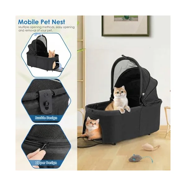 MAMIZO 3-in-1 Pet Stroller Dog Pram for Small Medium Dogs Cats up to 20kg, Foldable Pushchair with Detachable Carrier, 360° Swivel Wheels, Shoulder Bag, Large Storage Basket, One-Hand Fold, Black