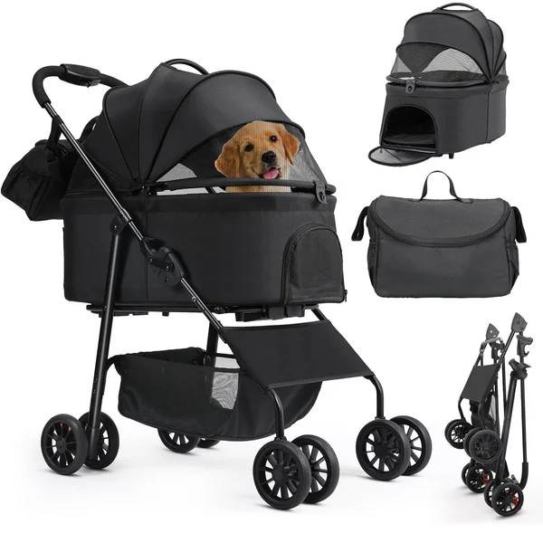 MAMIZO 3-in-1 Pet Stroller Dog Pram for Small Medium Dogs Cats up to 20kg, Foldable Pushchair with Detachable Carrier, 360° Swivel Wheels, Shoulder Bag, Large Storage Basket, One-Hand Fold, Black
