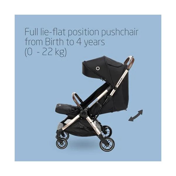 Maxi-Cosi Eva3 Pushchair, 0-4 Years, 0-22 kg, Baby Stroller, Lightweight & Compact Stroller, Full Lie-Flat Position, 3 Recline Positions, Automatic Fold, Carry Strap, Essential Black Champagne