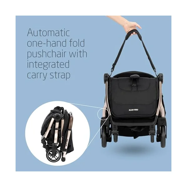 Maxi-Cosi Eva3 Pushchair, 0-4 Years, 0-22 kg, Baby Stroller, Lightweight & Compact Stroller, Full Lie-Flat Position, 3 Recline Positions, Automatic Fold, Carry Strap, Essential Black Champagne