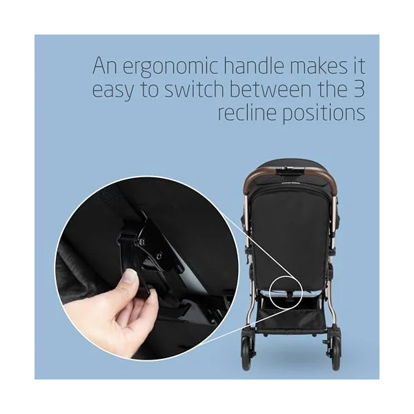 Maxi-Cosi Eva3 Pushchair, 0-4 Years, 0-22 kg, Baby Stroller, Lightweight & Compact Stroller, Full Lie-Flat Position, 3 Recline Positions, Automatic Fold, Carry Strap, Essential Black Champagne