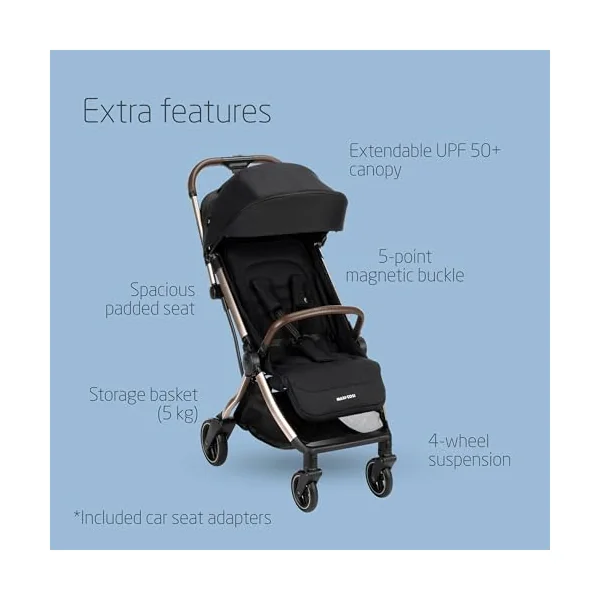 Maxi-Cosi Eva3 Pushchair, 0-4 Years, 0-22 kg, Baby Stroller, Lightweight & Compact Stroller, Full Lie-Flat Position, 3 Recline Positions, Automatic Fold, Carry Strap, Essential Black Champagne