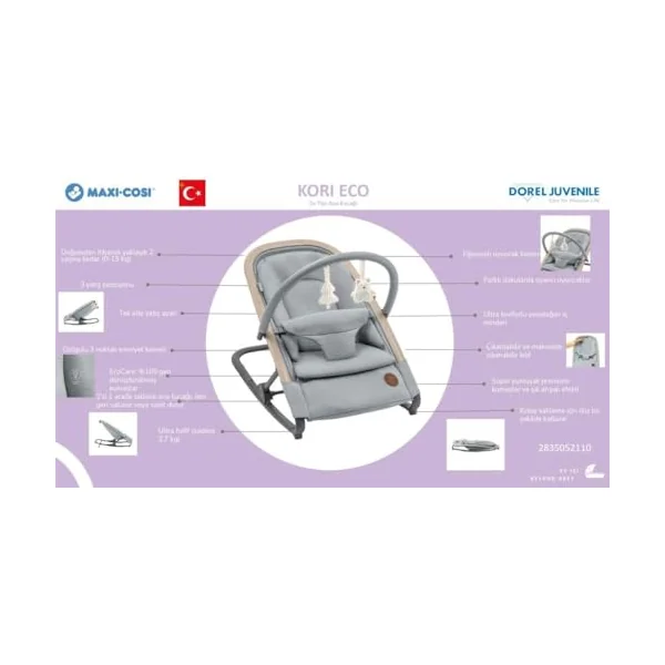Maxi-Cosi Kori 2-in-1 Ergonomic Baby Bouncer Chair with Toy Arch, 0-2 Years, up to 15 kg, Newborn Bouncer, 3 Recline Positions, Easy-in Harness, Lightweight & Compact, Newborn Pillow, Beyond Green