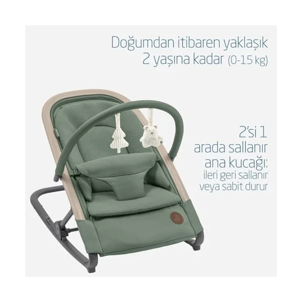 Maxi-Cosi Kori 2-in-1 Ergonomic Baby Bouncer Chair with Toy Arch, 0-2 Years, up to 15 kg, Newborn Bouncer, 3 Recline Positions, Easy-in Harness, Lightweight & Compact, Newborn Pillow, Beyond Green