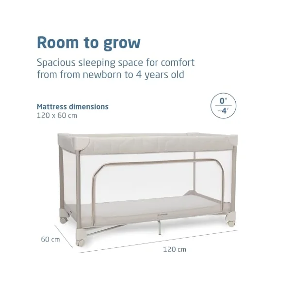 Maxi-Cosi Merlin, 2-in-1 Travel Cot & Play Area, 0-4 Years, up to 18 kg, Baby & Toddler Travel Bed, 1-Second Fold, 120x60 cm CloudCore Mattress, Side Entry Window, 4 Wheels, Elegance Beige