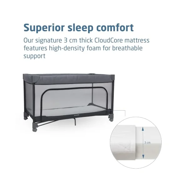 Maxi-Cosi Merlin, 2-in-1 Travel Cot & Play Area, 0-4 Years, up to 18 kg, Baby & Toddler Travel Bed, 1-Second Fold, 120x60 cm CloudCore Mattress, Side Entry Window, 4 Wheels, Elegance Graphite