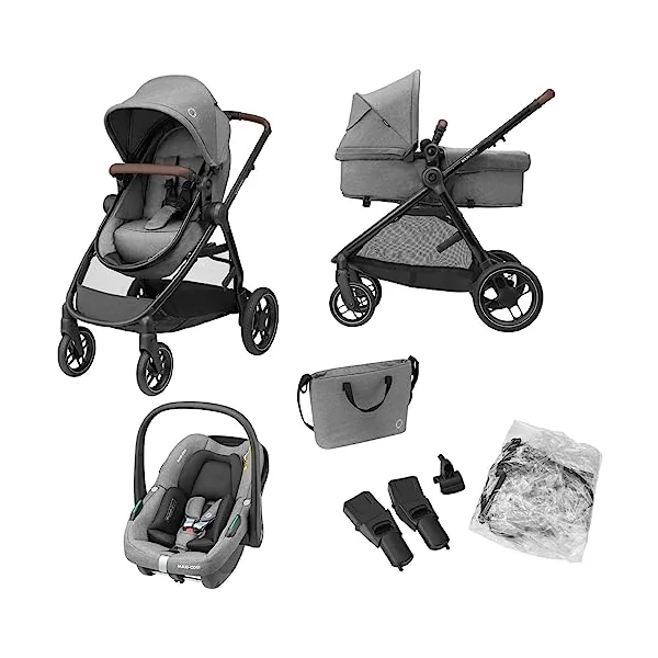 Maxi-Cosi Zelia S Trio 3-in-1 Prams Travel System, 0 - 4 Years, Up to 22 kg, Foldable, Compact and Reclining Baby Pushchair, with CabrioFix S i-Size Baby Car Seat, Accessories, Nursery Bag, Grey