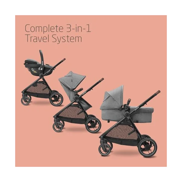 Maxi-Cosi Zelia S Trio 3-in-1 Prams Travel System, 0 - 4 Years, Up to 22 kg, Foldable, Compact and Reclining Baby Pushchair, with CabrioFix S i-Size Baby Car Seat, Accessories, Nursery Bag, Grey