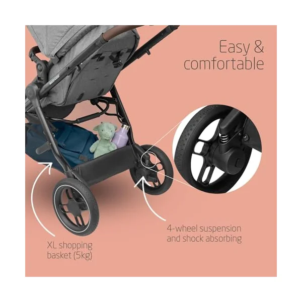Maxi-Cosi Zelia S Trio 3-in-1 Prams Travel System, 0 - 4 Years, Up to 22 kg, Foldable, Compact and Reclining Baby Pushchair, with CabrioFix S i-Size Baby Car Seat, Accessories, Nursery Bag, Grey